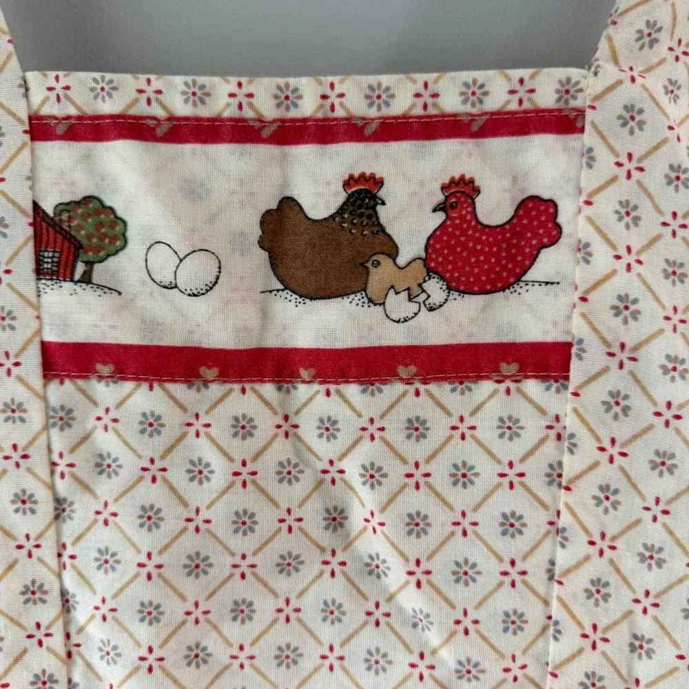 Vintage‎ Farmhouse Chicken Print Apron Womens OS Cream Red Handmade Cottagecore
